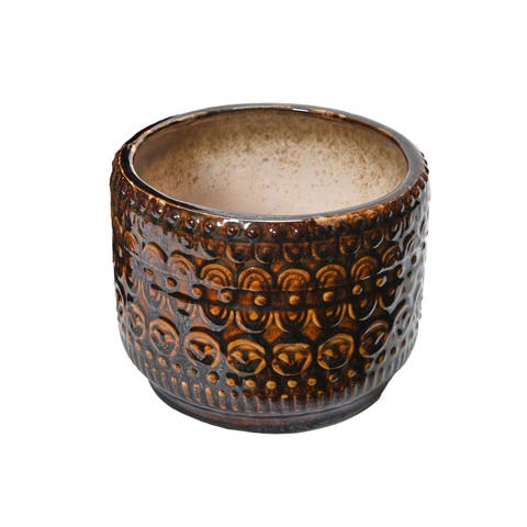 Embossed Stoneware Planter with Reactive Glaze