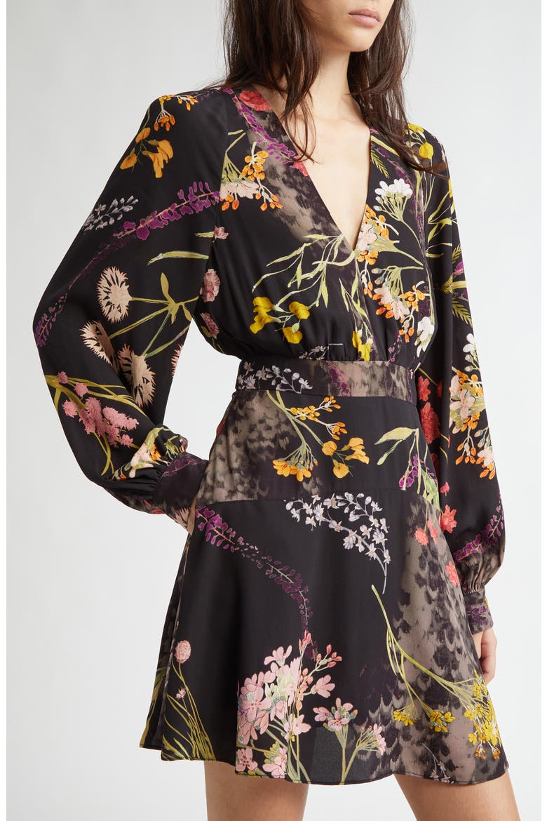 Keira Floral Long Sleeve Minidress, Alternate, color, BLACK