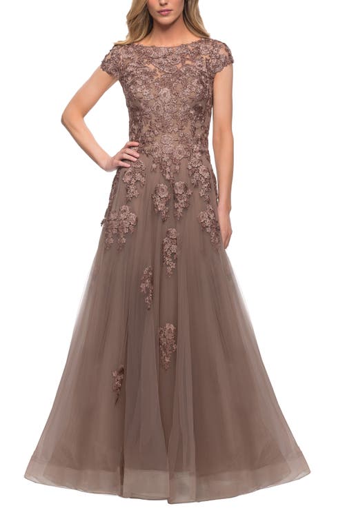 La Femme Long Tulle Gown With Intricate Lace Detailing In Cocoa