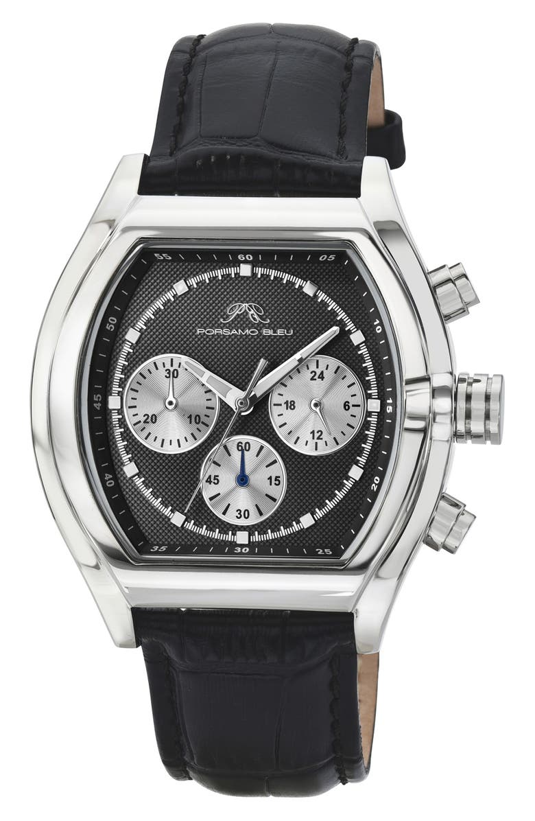PORSAMO BLEU Roman Chronograph Croc Embossed Leather Strap Watch, 42mm, Main, color, Black