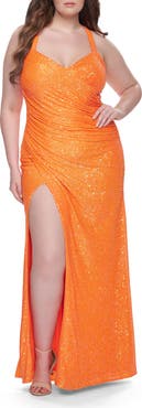 La Femme Plus Size Sequin Prom Dress with Ruching and Slit