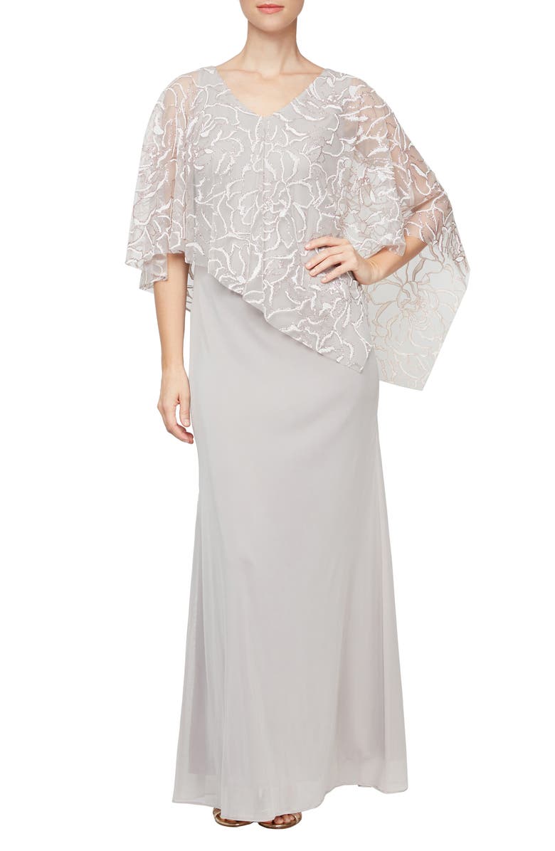 SL FASHIONS Floral Glitter Capelet Gown, Main, color, 