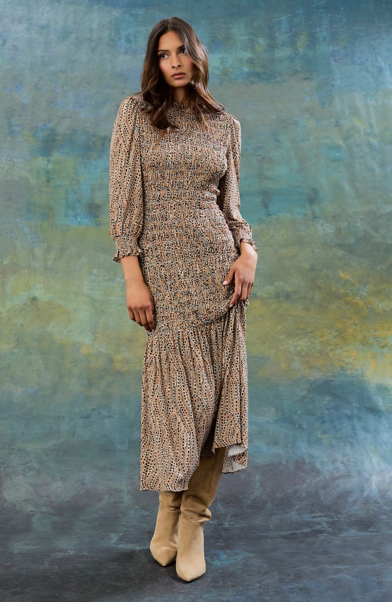 The Good Journey Smocked Long Sleeve Maxi Dress, Alternate, color, Ivory/ Black