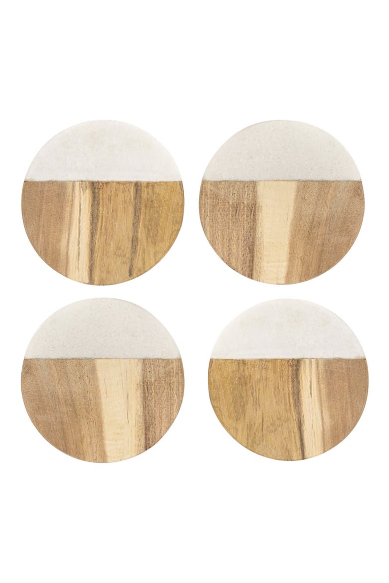 Monogram Set of 4 Marble & Acacia Wood Coasters, Main, color, BROWN