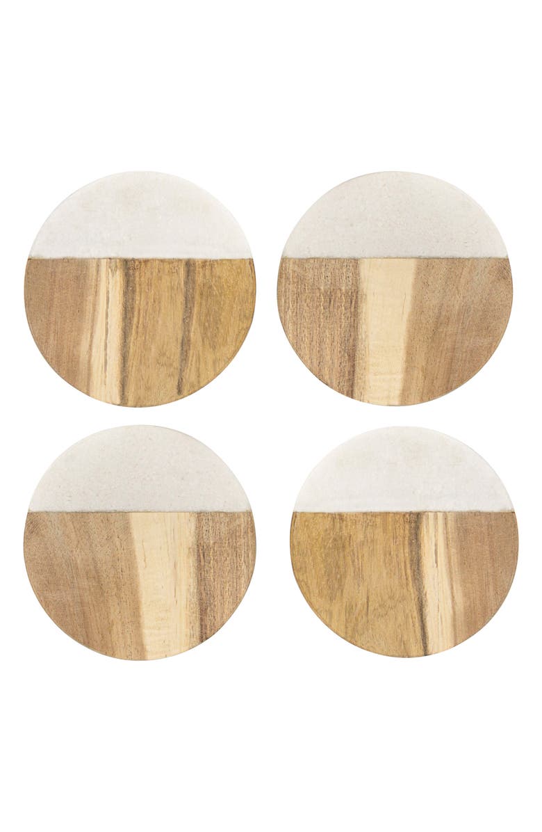 Cathy's Concepts Monogram Set of 4 Marble & Acacia Wood Coasters, Main, color,