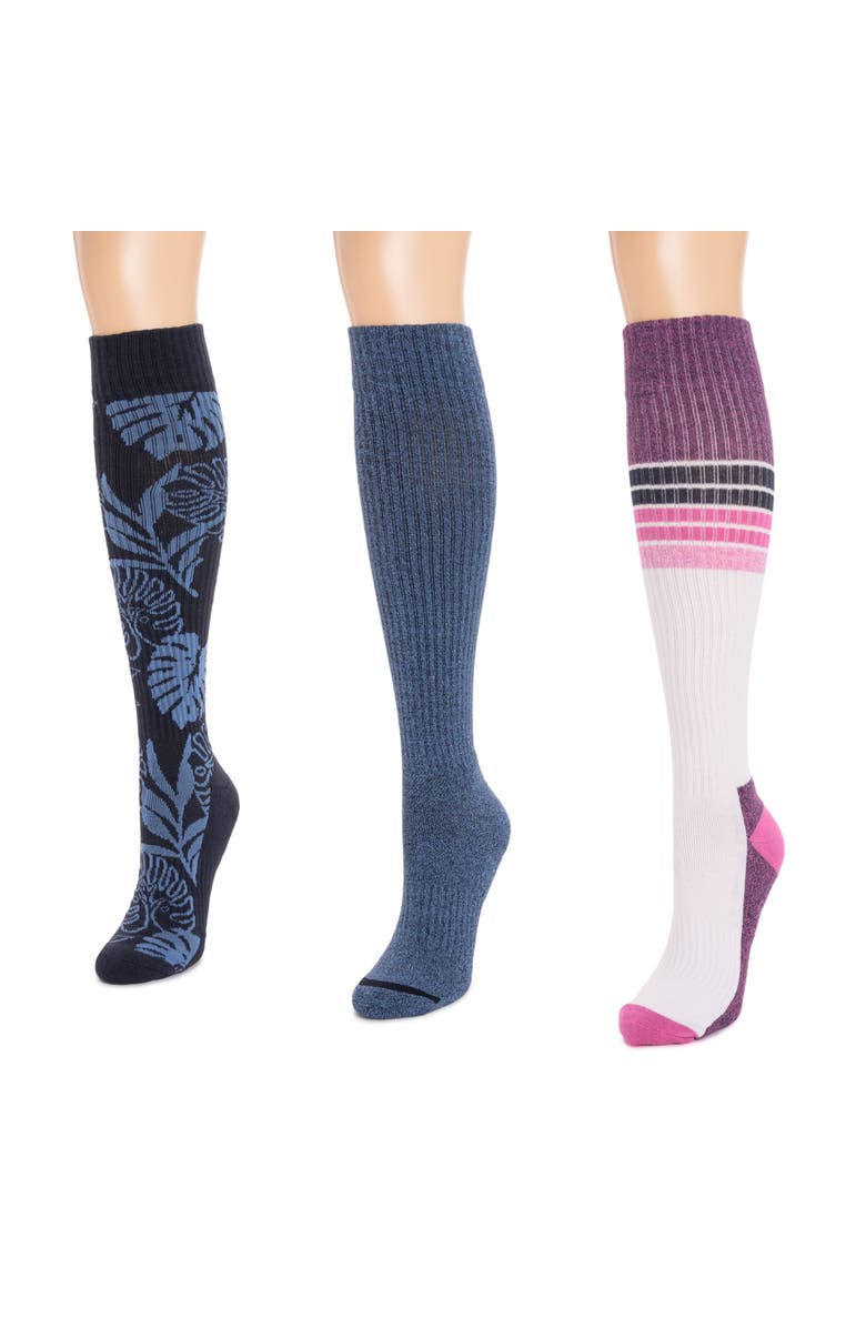 MUK LUKS Cotton Rib Compression Knee-High Socks 3 Pair Pack, Alternate, color, Indigo