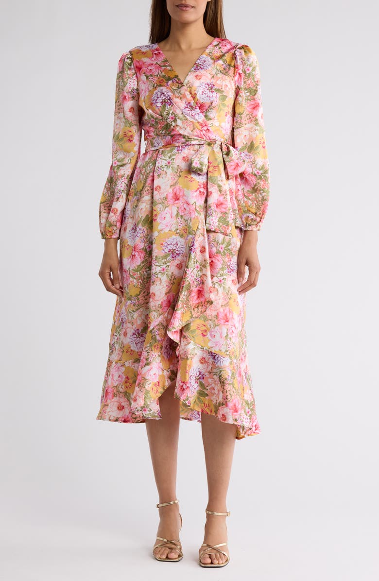 Tahari ASL Floral Long Sleeve Tie Waist Dress, Main, color, 