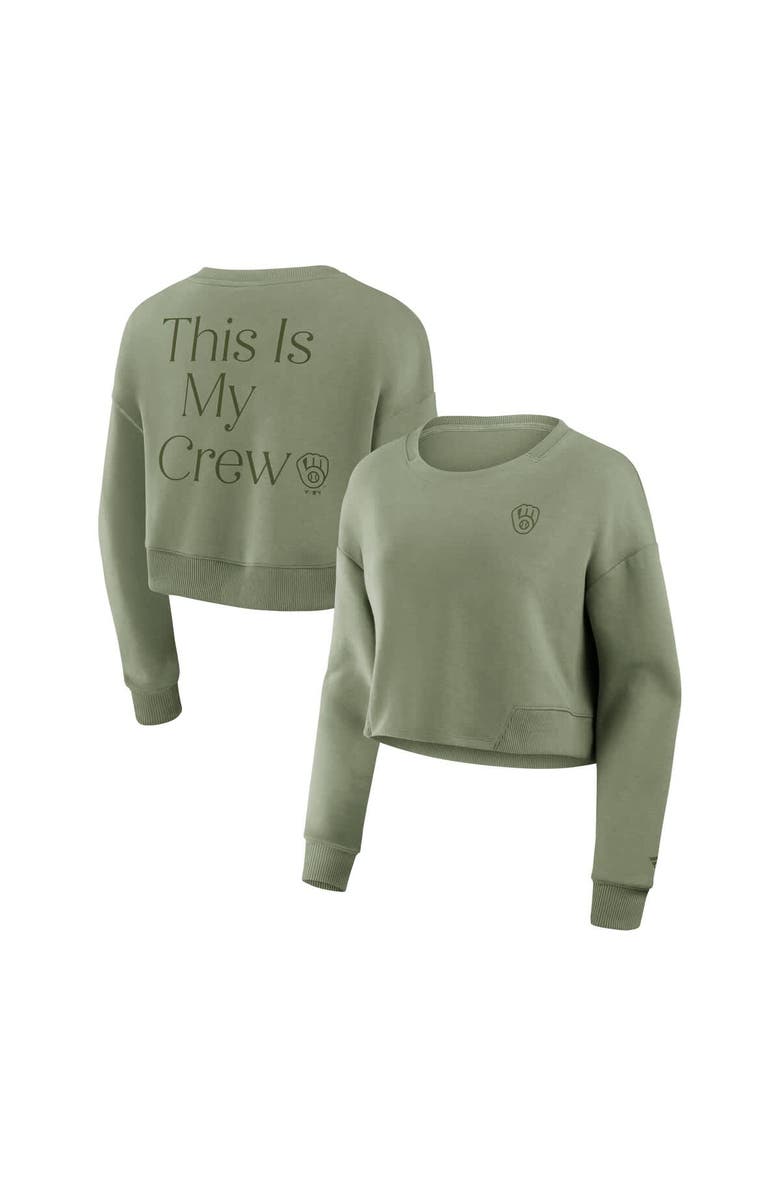 FANATICS Women's Fanatics Olive Milwaukee Brewers Studio Cropped Pullover Sweatshirt, Main, color, Olive