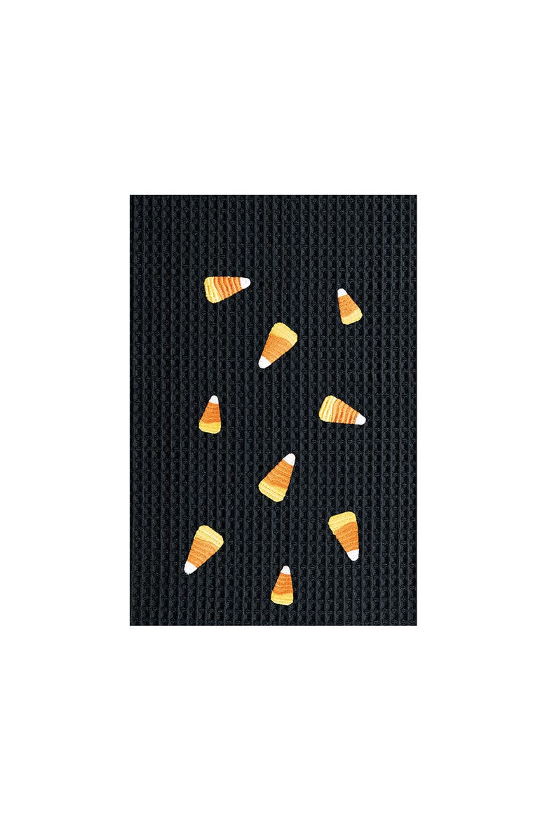 Candy Corn Halloween Waffle Weave Embroidered Cotton Kitchen Towel, Main, color, Black