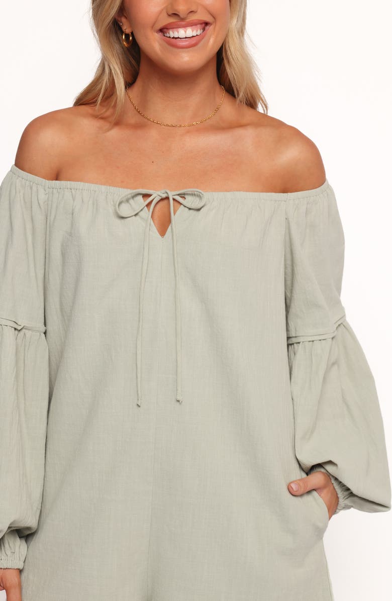 Petal & Pup Anette Off the Shoulder Long Sleeve Cotton Romper, Alternate, color, Sage