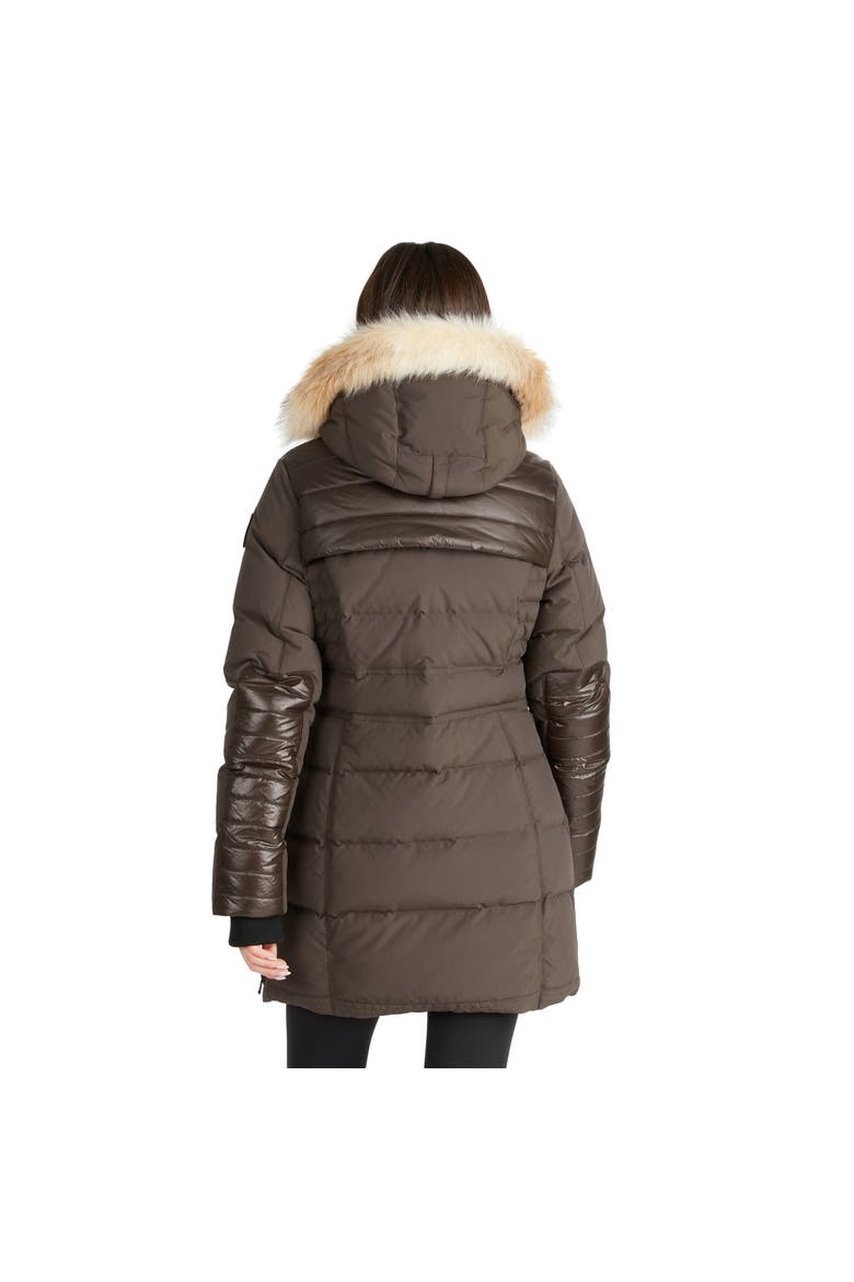 Alia Mixed Media Quilted Parka with Detachable Hood and Faux Fur Trim, Alternate, color, Dark Oak