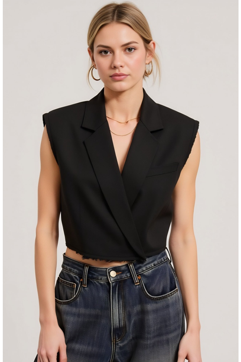 Sleeveless Cropped Raw-Edge Notched-Collar Blazer Vest, Main, color, Black