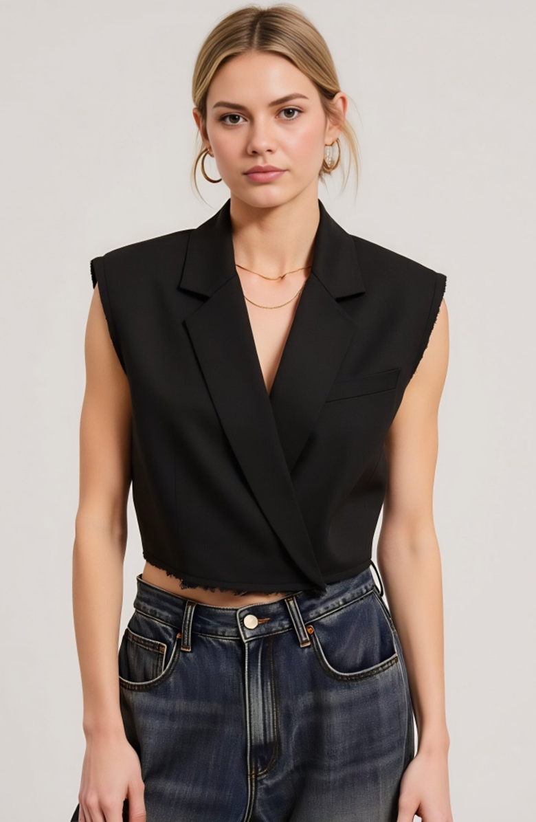 Modenaire Sleeveless Cropped Raw-Edge Notched-Collar Blazer Vest, Main, color, Black