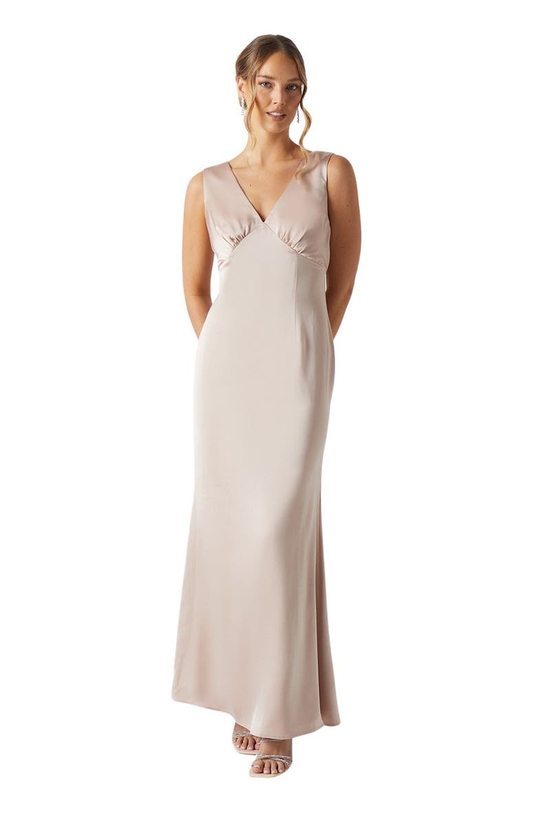Coast Bow Back V-Neck Satin Bridesmaid Dress, Main, color, Mocha