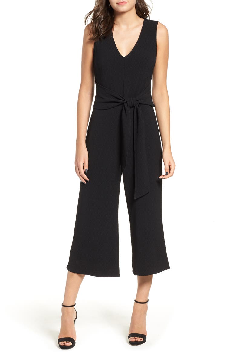 Tie Waist Crop Jumpsuit, Main, color, BLACK