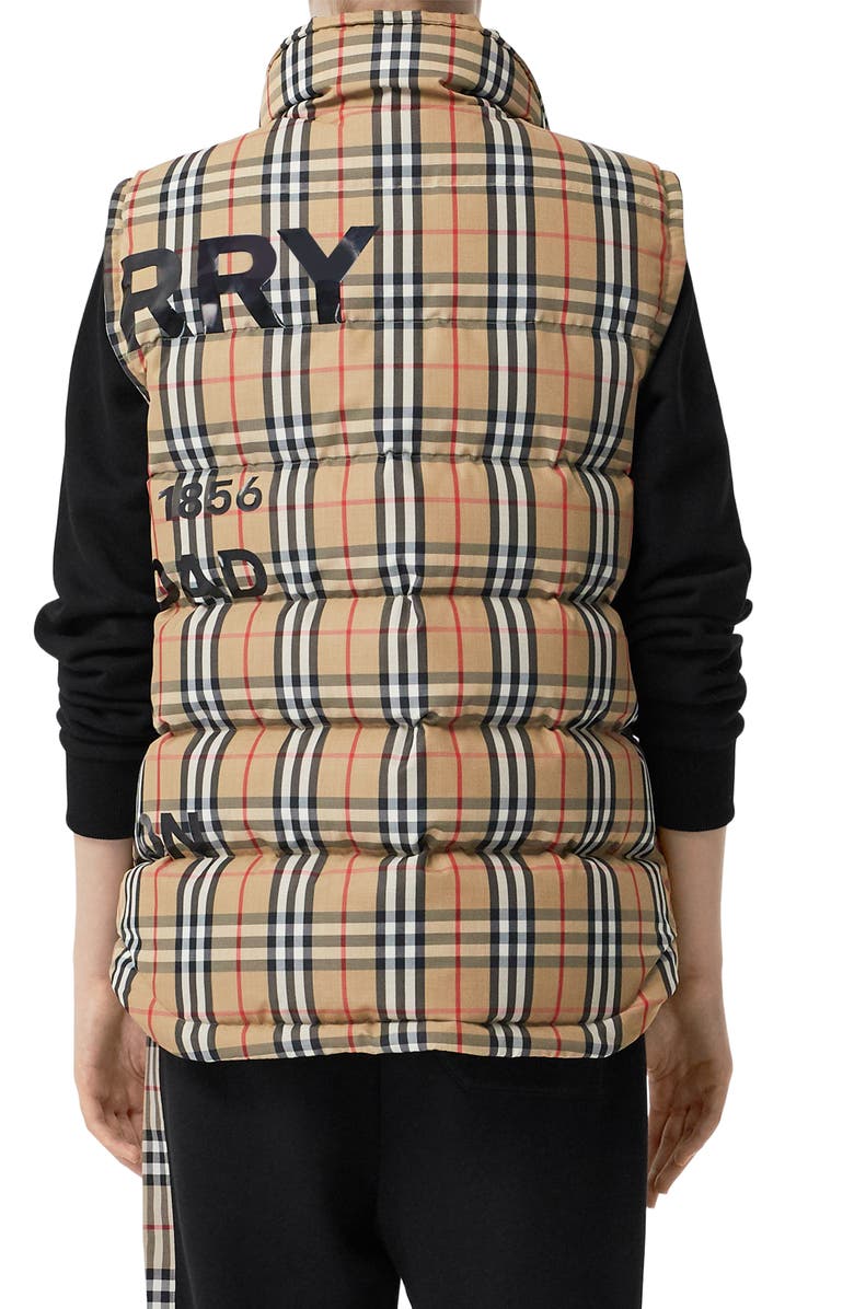 Burberry Sterling Horseferry Print Vintage Check Down Puffer Vest, Alternate, color,
