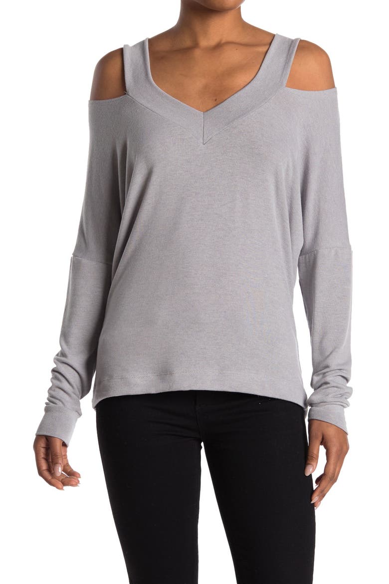 V-Neck Cold Shoulder Long Sleeve Sweater, Main, color, HEATHER GREY