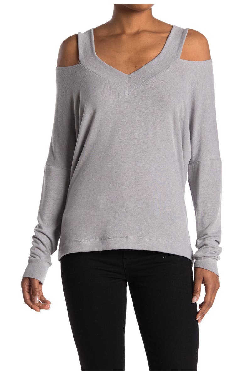 GO COUTURE V-Neck Cold Shoulder Long Sleeve Sweater, Main, color, Heather Grey