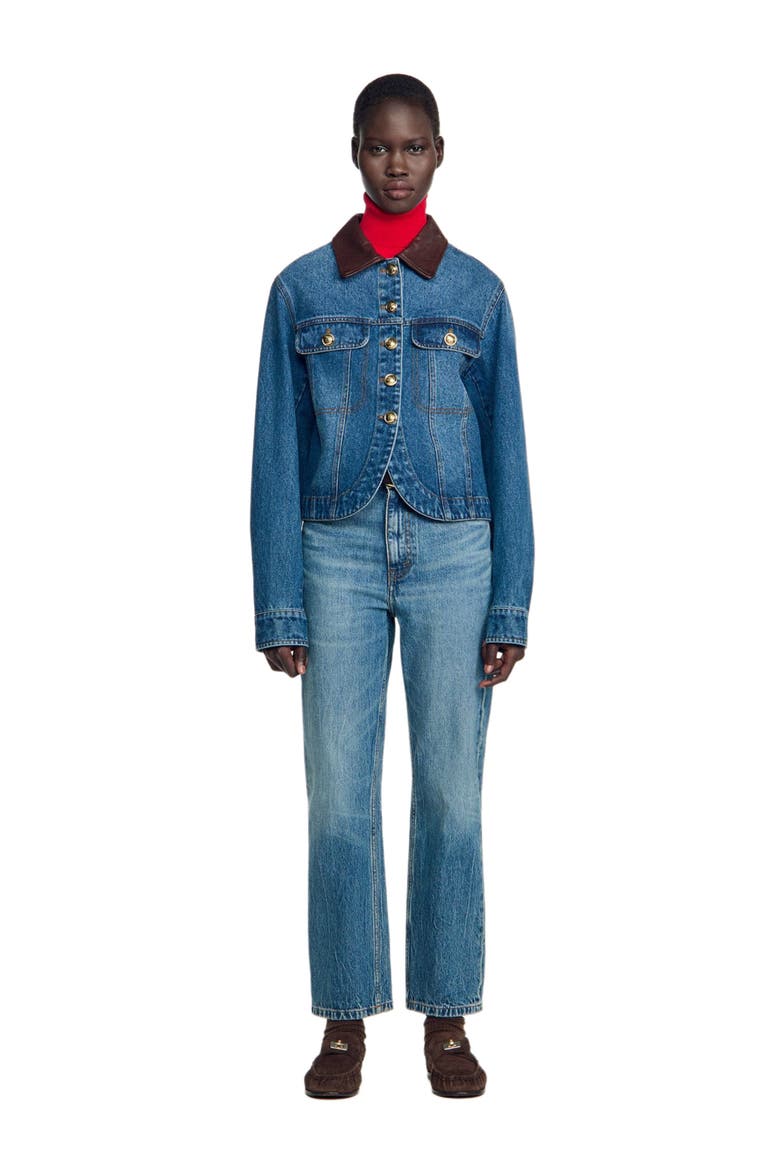 Denim jacket with leather collar, Main, color, Blue jean