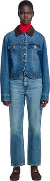 SANDRO Denim jacket with leather collar