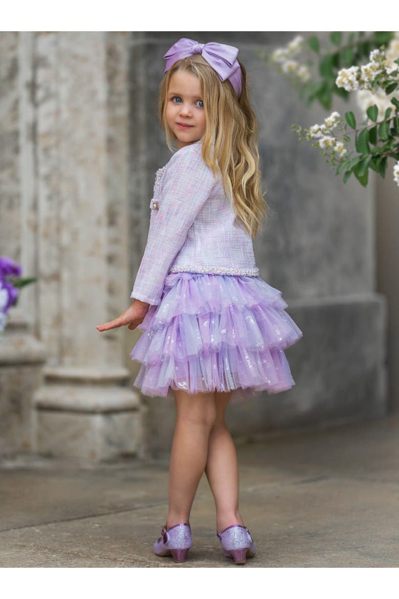 Girls Twirl In Lilacs Tweed Blazer and Tutu Skirt Set, Alternate, color, Purple