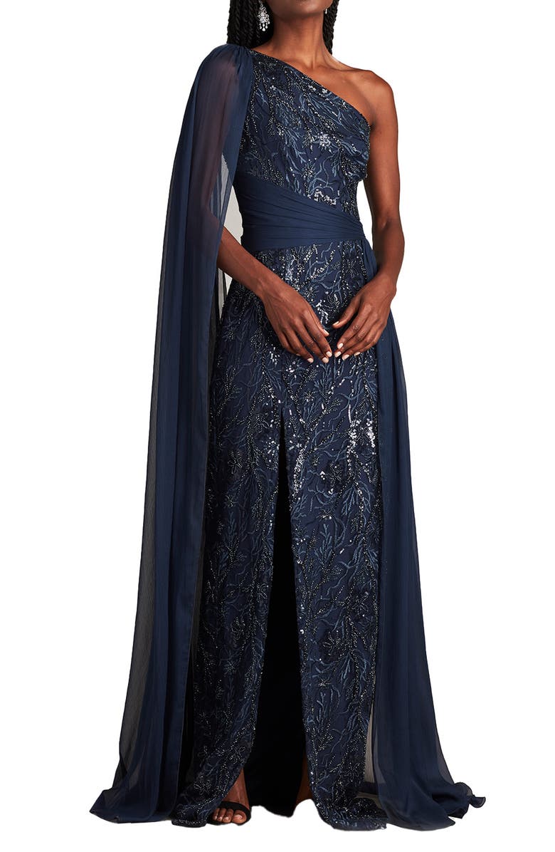 Tadashi Shoji Cap Detail One-Shoulder Sequin Floral Gown, Main, color, 