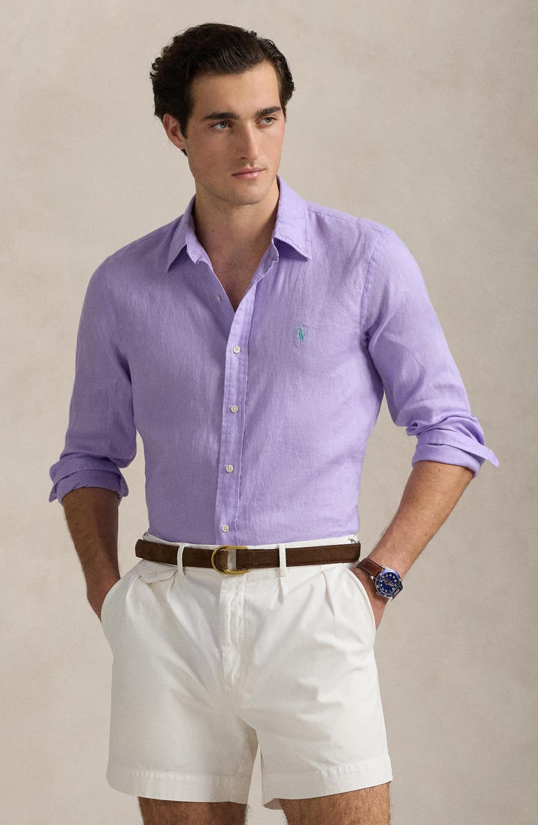 Polo Ralph Lauren Classic Fit Solid Purple Linen Button-Down Shirt, Alternate, color, 