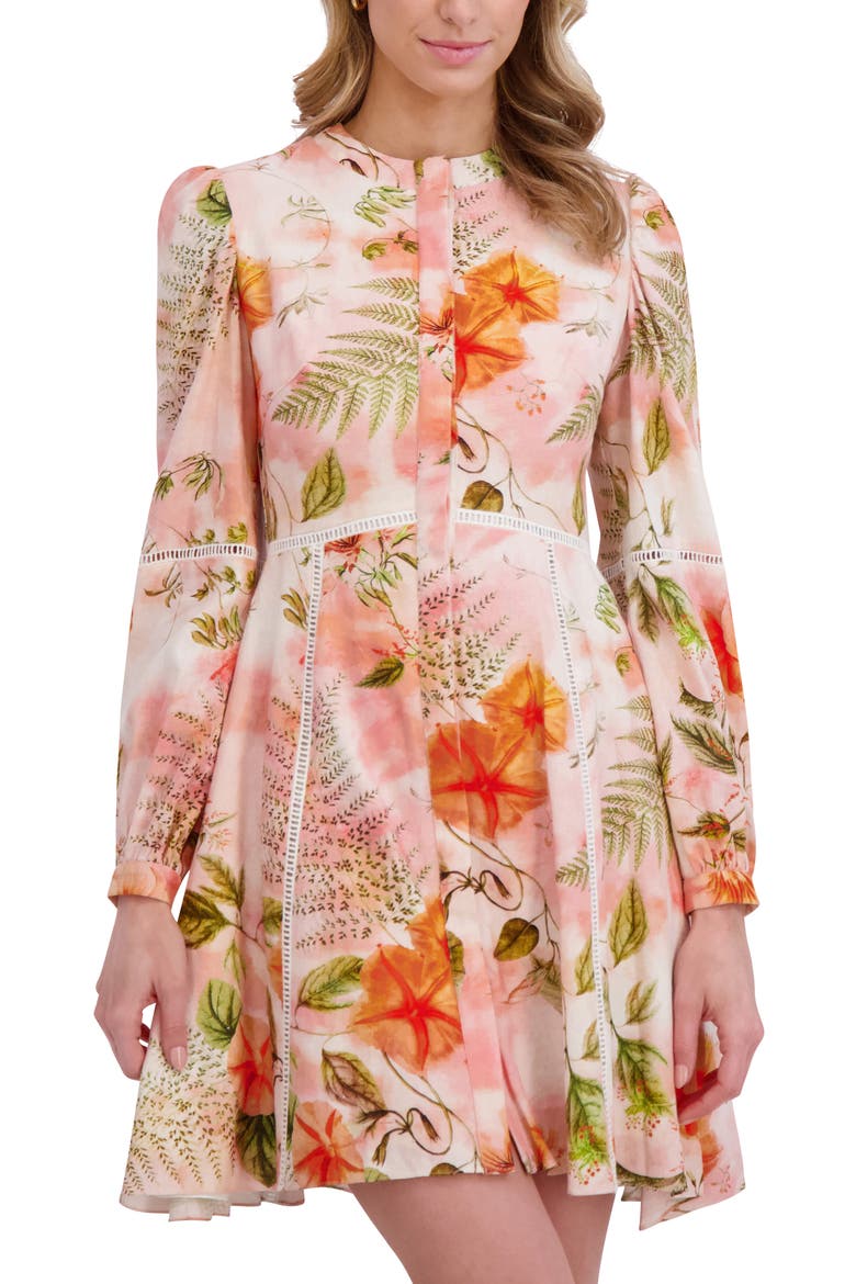 Floral Embroidered Long Sleeve Linen Button-Up Minidress, Alternate, color, ROSE GAUZE