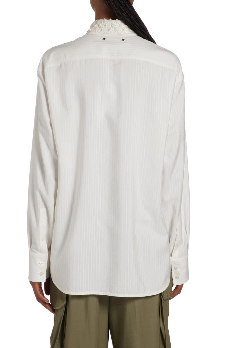 Golden Goose Imitation Pearl Embellished Jacquard Stripe Button-Up Shirt, Alternate, color, Antique White
