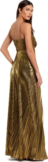 Thin Strap Pleated Metallic Gown With 3D Flower