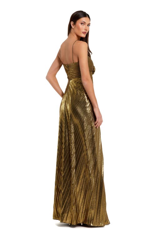 Mac Duggal Thin Strap Pleated Metallic Gown With 3d Flower