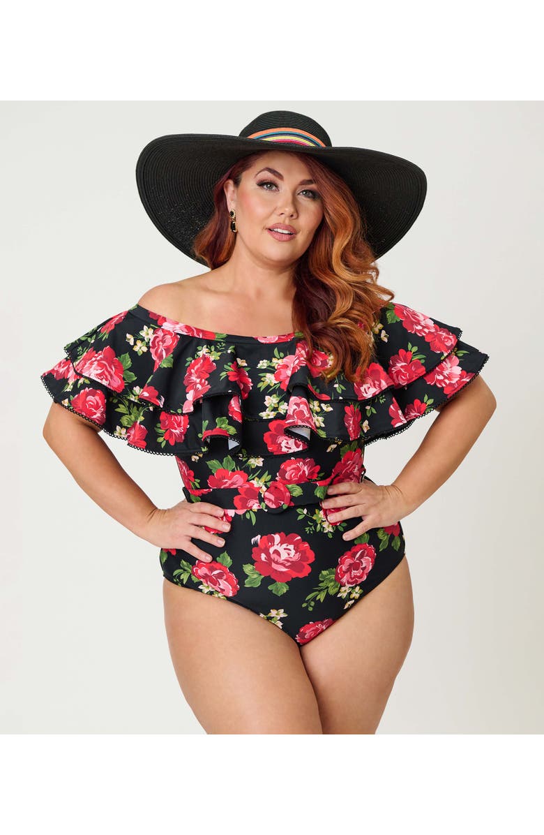 Unique Vintage Off Shoulder Nantucket Swimsuit, Main, color, Black Cabbage Rose Print