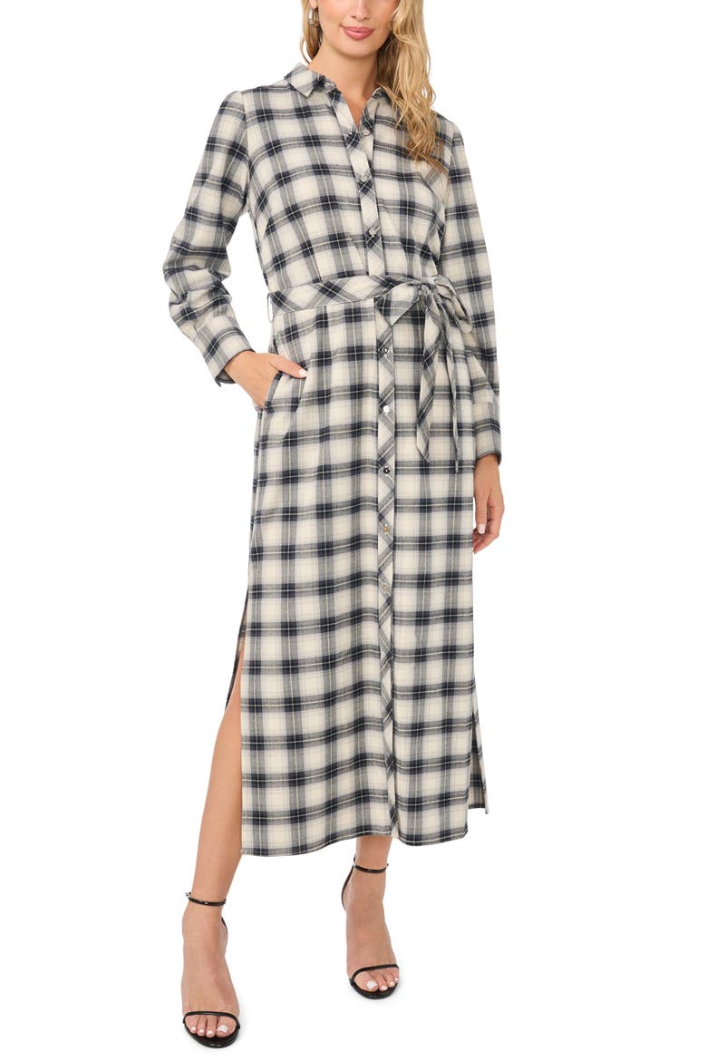 Plaid Belted Midi Shirt Dress, Main, color, RICH BLACK