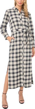 Vince Camuto Plaid Belted Midi Shirt Dress