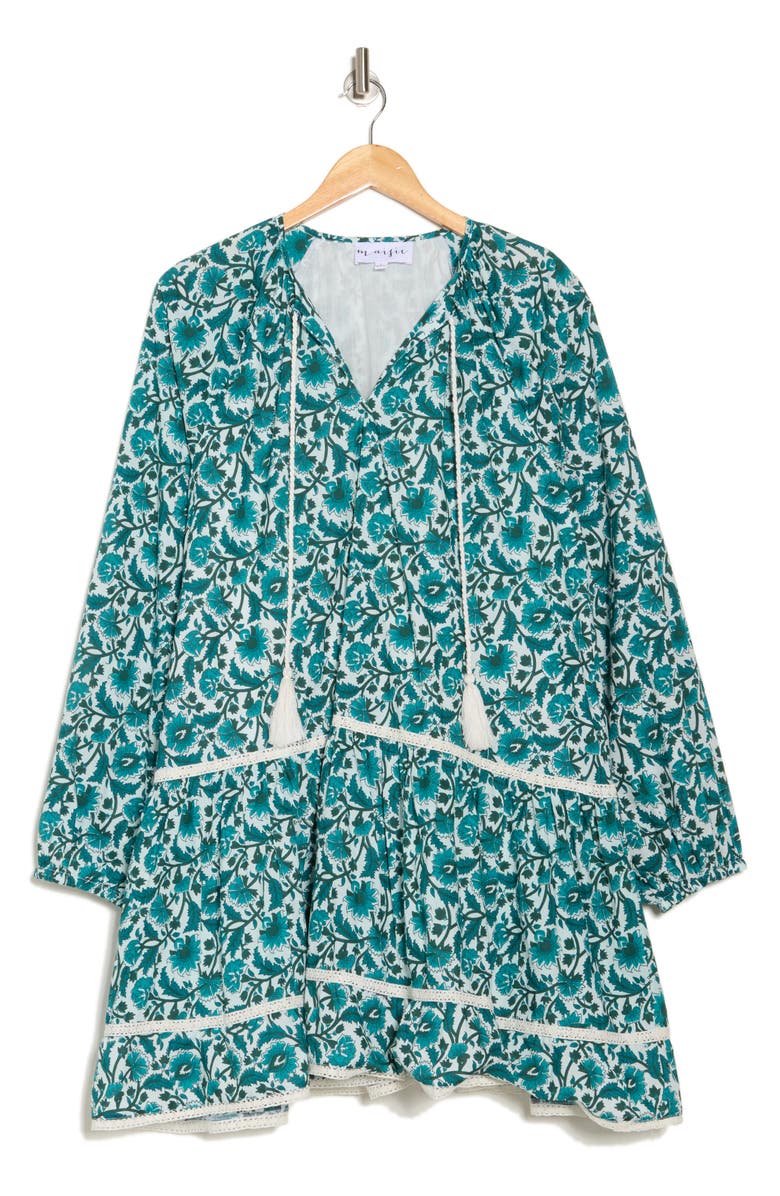 Maisie Tassel Tie Long Sleeve Tiered Minidress, Alternate, color, Turquoise / Ivory