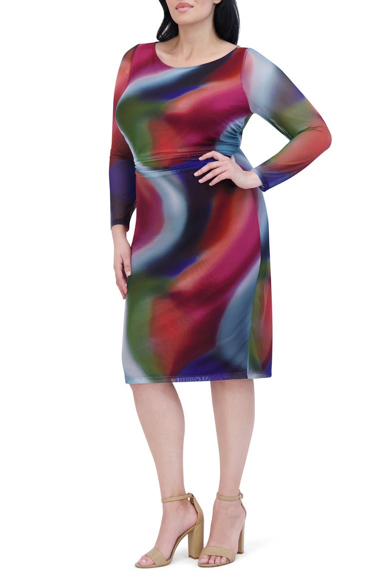 Printed Mesh Long Sleeve Dress, Alternate, color, MULTI