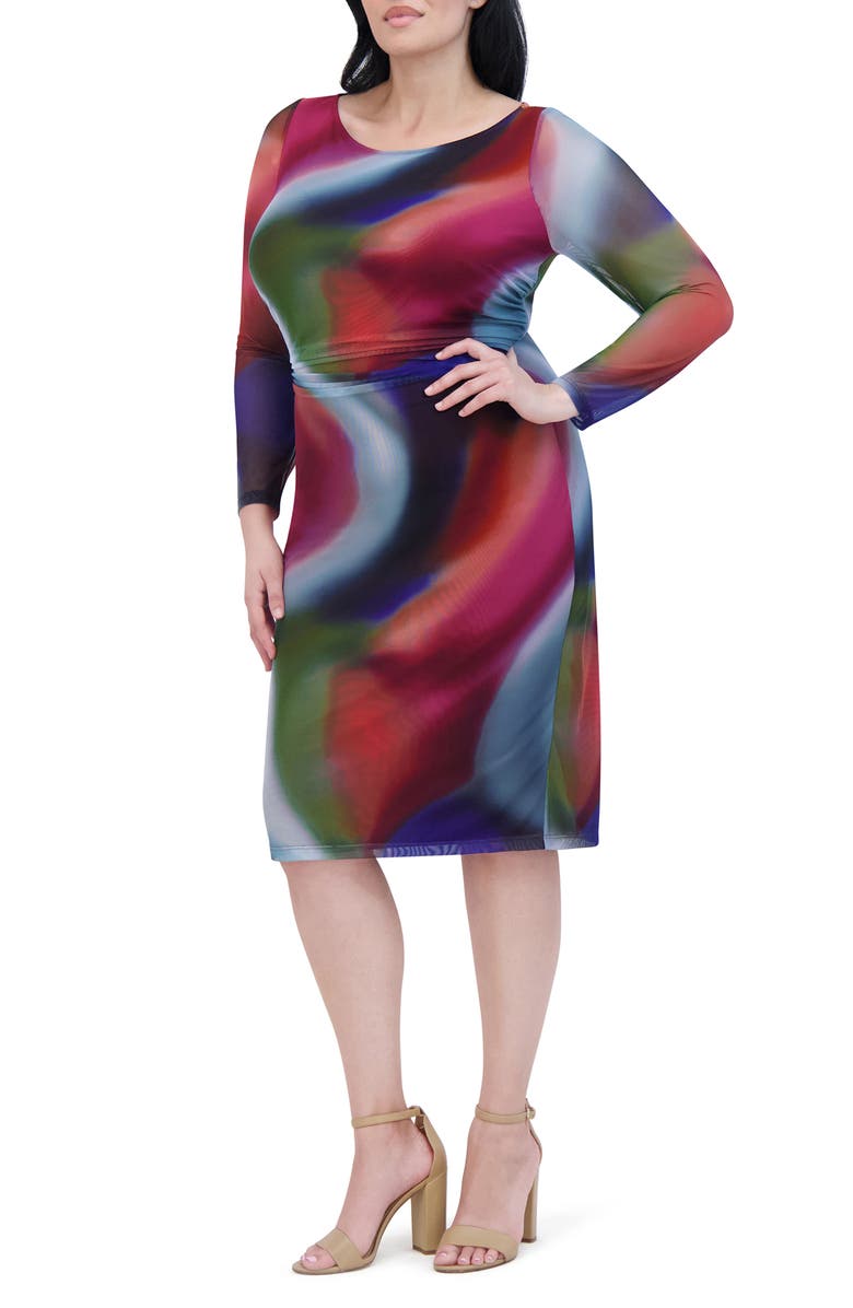 Vince Camuto Printed Mesh Long Sleeve Dress, Alternate, color, Burgundy Multi