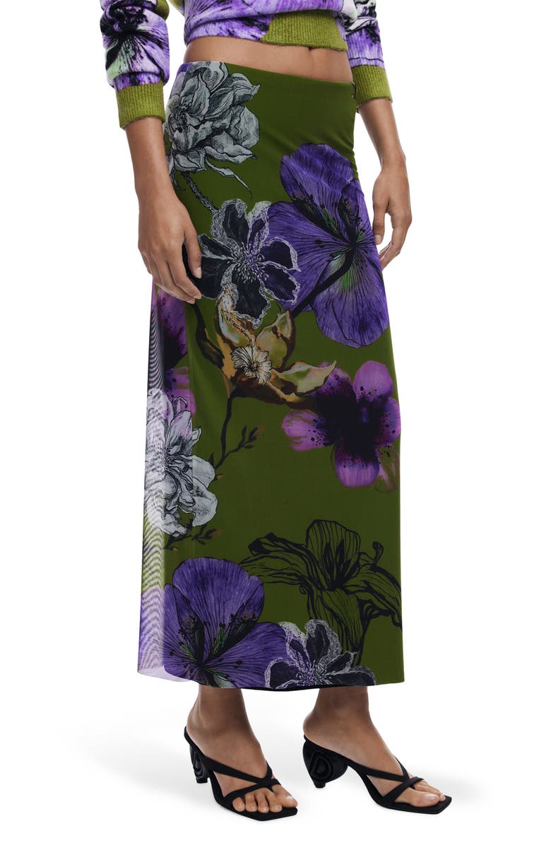 Desigual Floral Mesh Maxi Skirt, Main, color, Olive Green