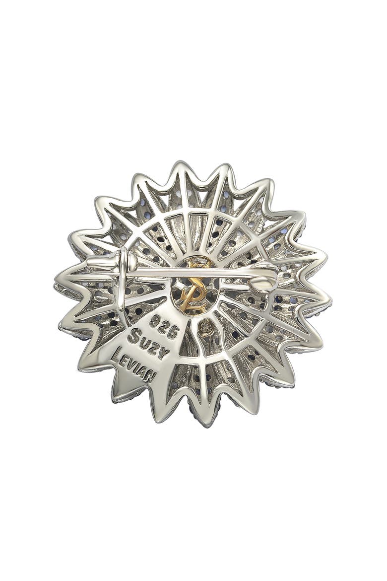 Floral Sterling Silver White Sapphire Blue Sapphire Brown Diamond Brooch, Alternate, color, BLUE