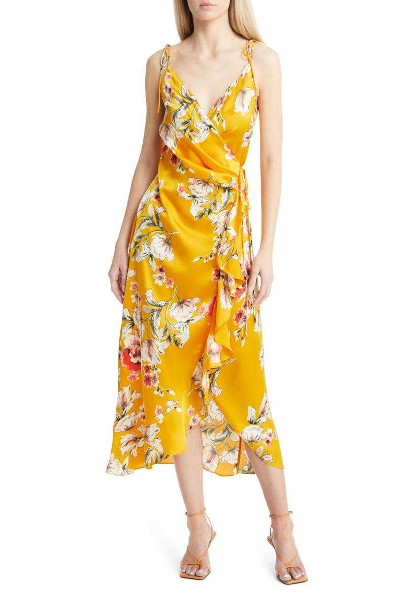 Floral Satin Wrap Dress, Main, color, YELLOW FLORAL