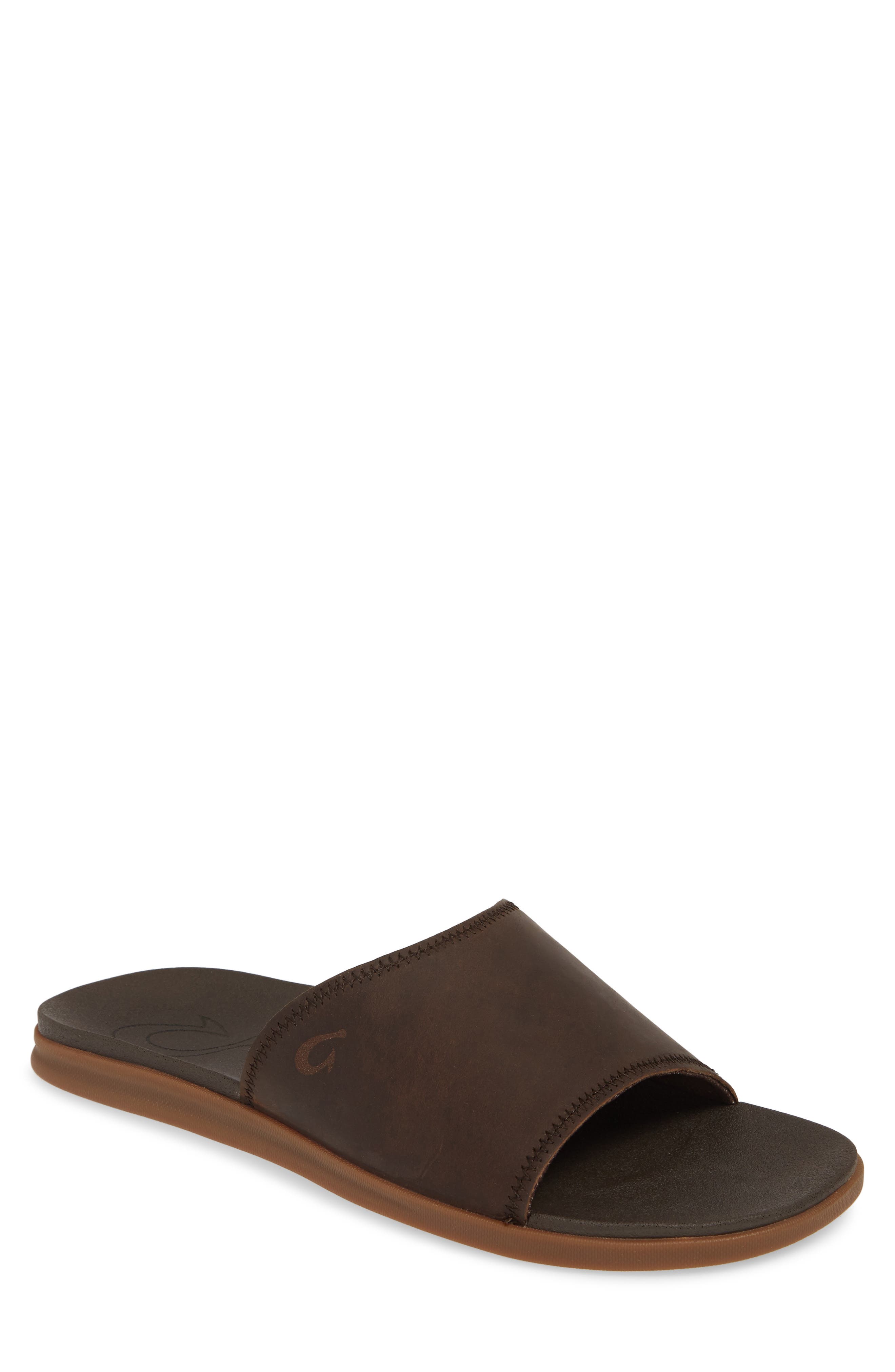 Alania Slide Sandal, Main, color, DARK WOOD LEATHER