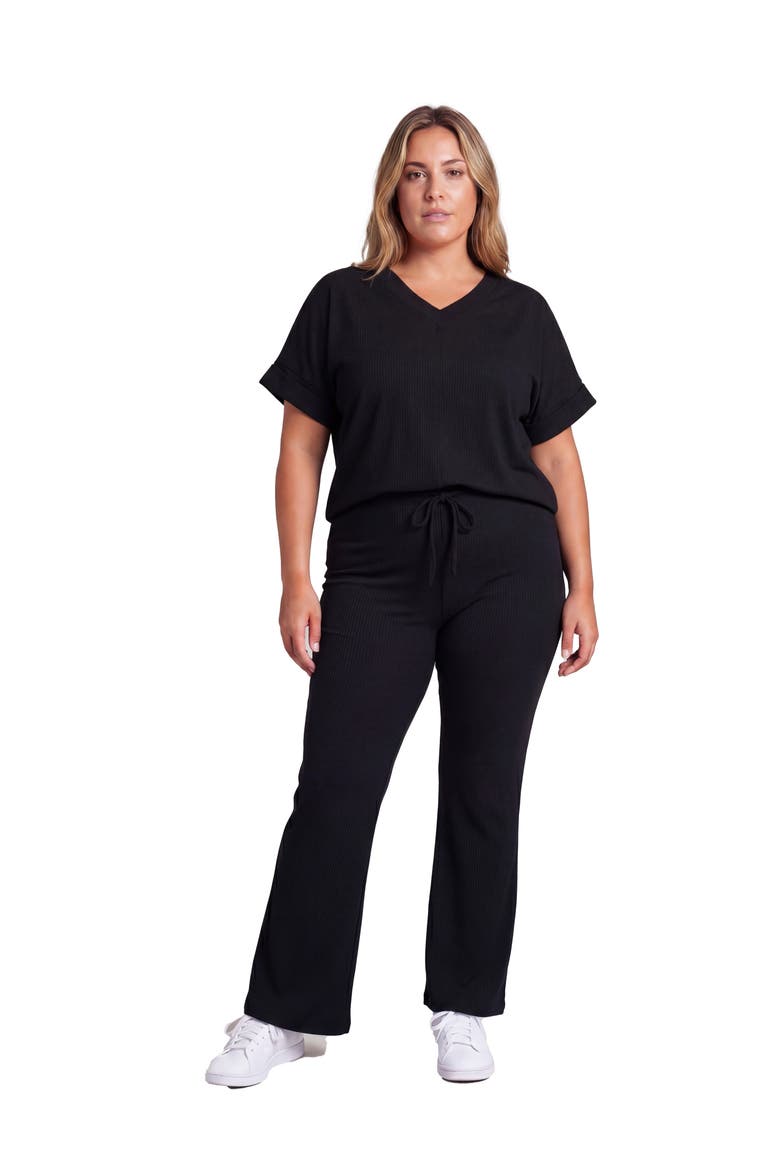 Curvy Basic Ribbed Knit Dolman Sleeve V-Neck Top and Drawstring Wide Leg Pant Set, Main, color, Black