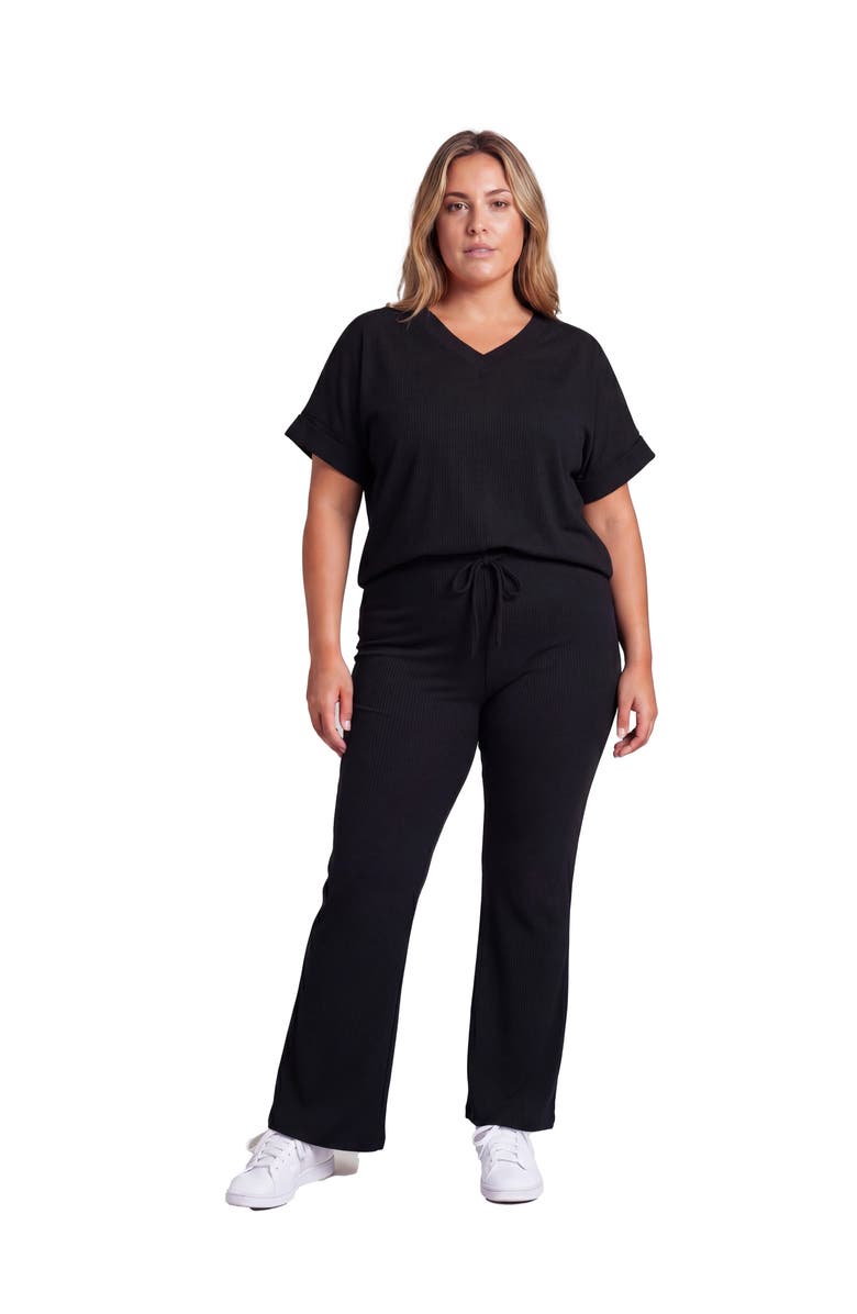 24seven Comfort Apparel Curvy Basic Ribbed Knit Dolman Sleeve V-Neck Top and Drawstring Wide Leg Pant Set, Main, color, Black
