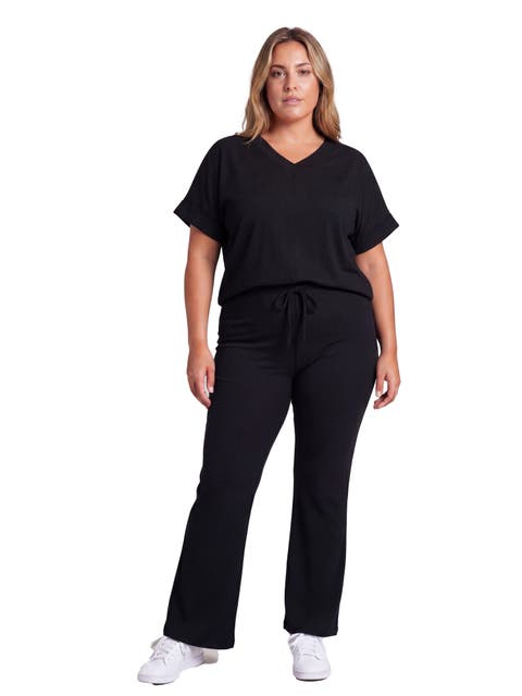 Curvy Basic Ribbed Knit Dolman Sleeve V-Neck Top and Drawstring Wide Leg Pant Set