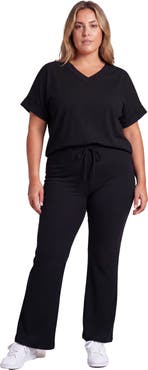 24seven Comfort Apparel Curvy Basic Ribbed Knit Dolman Sleeve V-Neck Top and Drawstring Wide Leg Pant Set