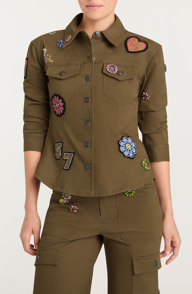 Cinq à Sept Retro Love Patches Canyon Jacket, Main, color, Dark Olive Multi