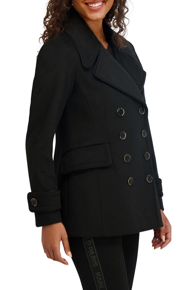 KARL LAGERFELD PARIS Piped Double Breasted Coat, Alternate, color, Black