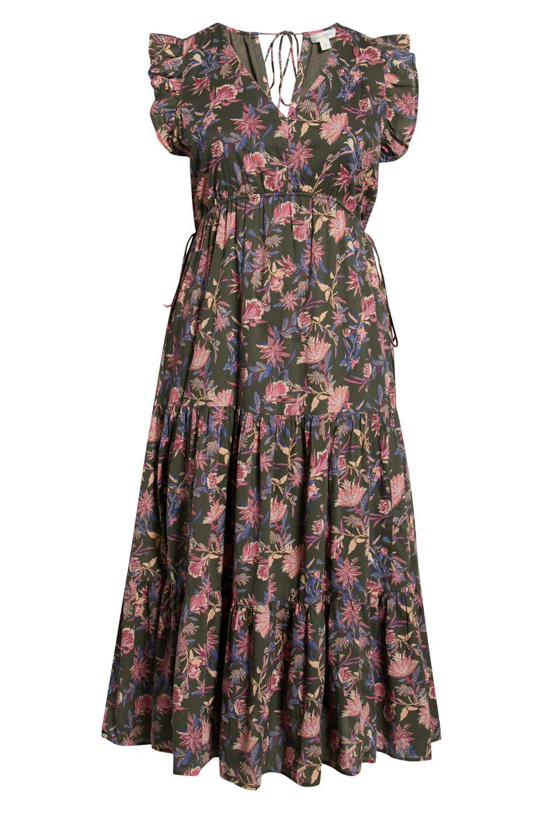 Floral Print Flutter Sleeve Maxi Dress, Alternate, color, OLIVE FROU FLORAL