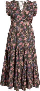 Treasure & Bond Floral Print Flutter Sleeve Maxi Dress