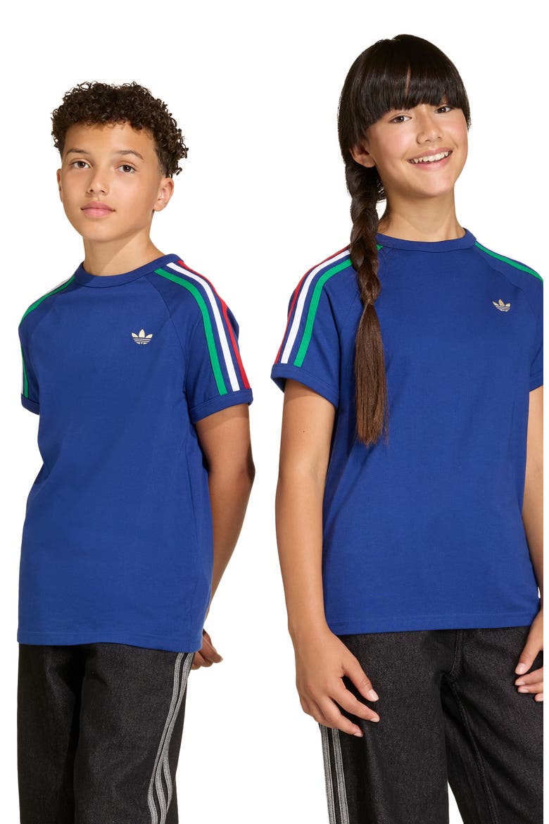 Kids' 3-Stripes Cotton T-Shirt, Alternate, color, VICTORY BLUE/ LIGHT GOLD